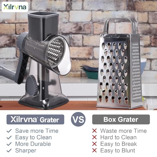 Rotary Cheese Grater with Handle Kitchen Shredder Slicer Grater Slicer Ice Shaver Cheese Vegetable Nuts Potato Zucchini Chocolate 3 Interchangeable Blades (Grey TSP) - color: Dark Grey TSP
