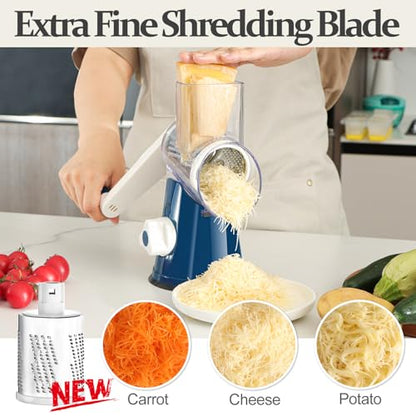 Cambom Rotary Cheese Grater Hand Crank Cheese Shredder for Fresh Cheese, Vegetable, Nuts,Non-slip Suction Base, Five Blades, Dark Blue - color: Dark Blue, size: 5 BLADES