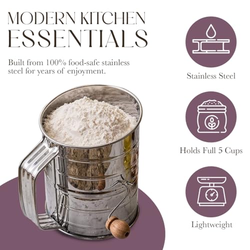 Bellemain 5 Cup Flour Sifter for Baking Fine Mesh Rotary Hand Crank with Loop Agitator for Quick Sifting, Flour Sifter Stainlees Steel - size: 5 Cup