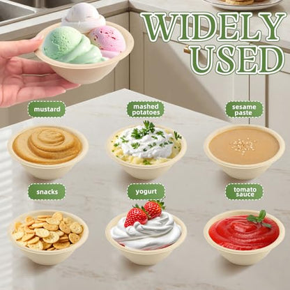 LeonBach 150 Pack 6oz Natural Bagasse Fiber Bowls, Small Disposable Paper Bowls Microwavable Safe Sample Snack Cups Charcuterie Serving Cups for Sauce Portion Condiment Ice Cream Desserts - color: Brown, style: 6oz-150 Pack