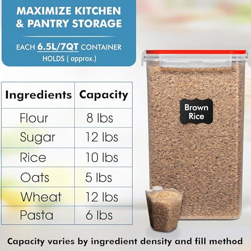 WHITE FEATHER SUPPLIES 2 PC [7 Qt / 6.5L / 220 Oz] Large Food Storage Containers with Lids Airtight - BPA Free Clear Plastic Kitchen and Pantry Storage Containers for Cereal, Flour, Sugar, Rice - color: Red - 2 Pack