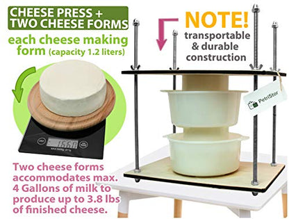 PetriStor Wooden Cheese Press for Cheese Making Supplies 12in Metal Guides 13in and 2 Cheese Mold with Follower Piston 1.3Qt - large Home Supply Ultimate Cheese Press Machine - Prensa Para Queso
