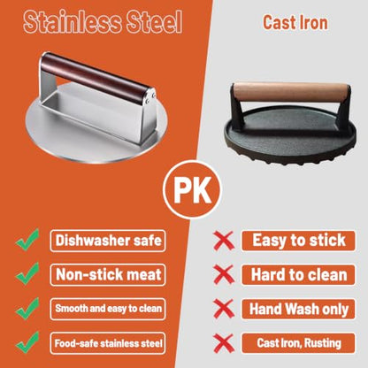 Heavy-Duty 6-Inch Smash Burger Press, 1.5 lb Stainless Steel Grill Press with Wood Handle, Non-Stick Burger Smasher for Hamburger, Bacon & BBQ - color: 6 inches - Silver