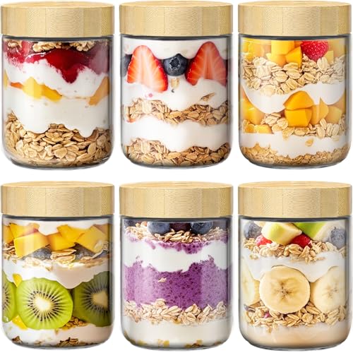 6 Pack 16oz Overnight Oats Containers with Bamboo Lids, Glass Jars with Airtight Lids for Meal Prep, Wide Mouth Mason Salad Jars, Glass Food Storage Container for Yogurt Chia Snacks Spice Sugar - color: 16oz 6 Pack