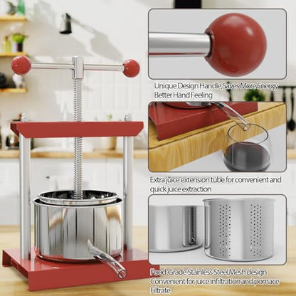 SQUEEZE master Cheese Tincture Herb Fruit Wine Manual Press -0.53Gallon/ 2 Litre-Power Ball Handle-Stainless Steel & Iron for Juice, Cider,Wine,Olive Oil - color: Red, size: 0.53Gallon