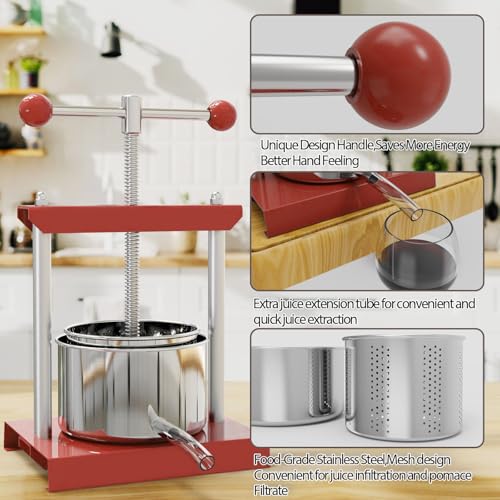 SQUEEZE master Cheese Tincture Herb Fruit Wine Manual Press -0.53Gallon/ 2 Litre-Power Ball Handle-Stainless Steel & Iron for Juice, Cider,Wine,Olive Oil - color: Red, size: 0.53Gallon