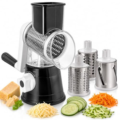 Rotary Cheese Grater with Hand Crank - Cheese Shredder with 3 Interchangeable Stainless Steel Blades, Suction Base & Ergonomic Handle | Vegetable Slicer, Food Grater for Cheese, Nuts & Chocolate