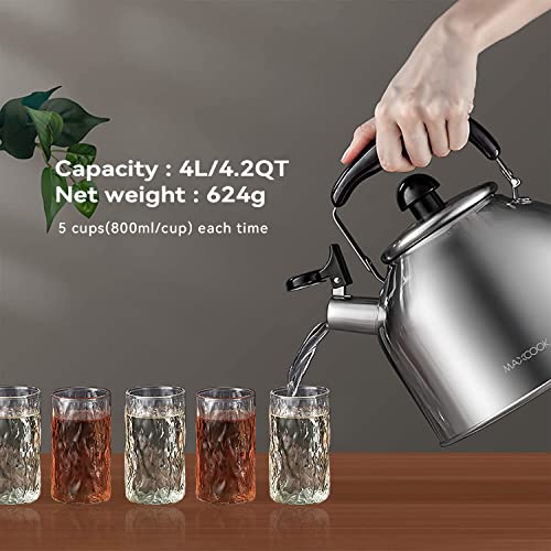 4.2 Quart/4L Stainless Steel Whistling Tea Kettle,Brushed Satin, Suitable to Boiling Water & Tea on Induction Stove, Gas Stove Top Teapot - color: Silver, size: 4.2 Quarts