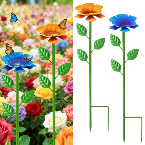 2 Pack Bee Watering Station, Metal Bee Water Station with Flower Design Colorful Butterfly Bath Bowl Drinking Feeder Cups for Outdoor Garden Yard Decor (Blue,Yellow) - color: 2 Pack (Blue,Yellow)