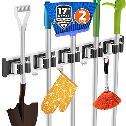 reliahom Broom Holder Wall Mount Mop Hanger Tools organizer 5Racks4Hooks,2P | Adjustable Mop Broom Wall Hanging Heavy Duty Tools Storage Rack Space-saving for Garage,Kitchen,Laundry Room,Garden, Black - color: Black, size: 2 Pack 5R4H