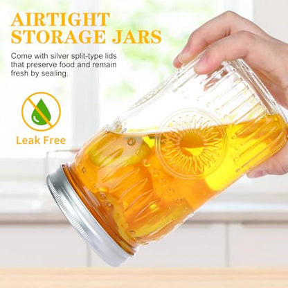 HINGWAH Wide Mouth Mason Jars 32 oz, 6 Pack Large Quart Mason Jars with Airtight Lids and Bands, Clear Glass Canning Jars for Preserving, Pickling, Fermenting, Meal Prep & DIY Crafts (Sunflower) - size: 32oz- 6pack
