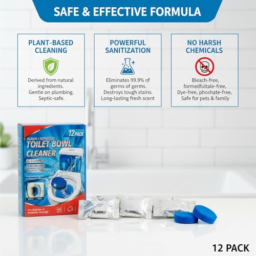 Toilet Cleaning Tablets | Fast-Dissolving, Long-Lasting Freshness | 12/24 Count | Safe for All Toilets, Septic Tanks & Pipes (12)