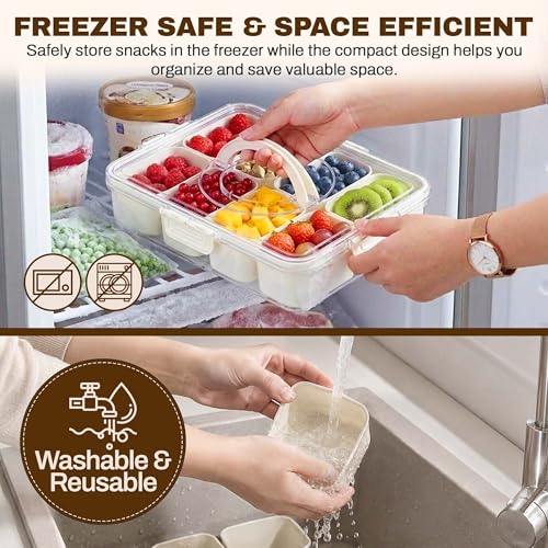Four Flowers Snackle Box Container, 8 Compartment Divided Serving Tray with Lid and Handle, Portable Snack Box for Fruit, Nuts and spices, Crystal Clear Snack Organizer for Travel and Parties