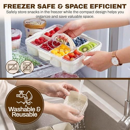 Four Flowers Snackle Box Container, 8 Compartment Divided Serving Tray with Lid and Handle, Portable Snack Box for Fruit, Nuts and spices, Crystal Clear Snack Organizer for Travel and Parties