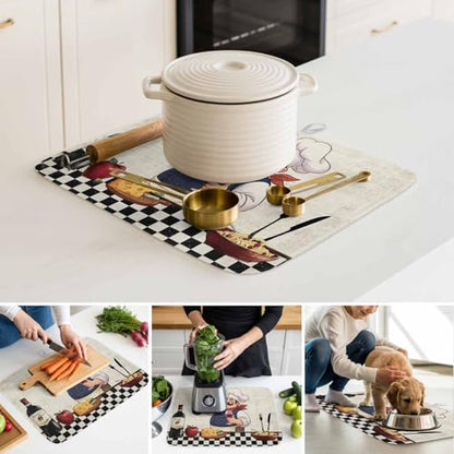 Dish Drying Mat for Kitchen Counter, Smiling Chef Cheese Wine Absorbent Dish Mats Foldable Microfiber Drainer Pad 1PCS 18"x24", Retro Kitchen Art Plate Holder Mat for Countertop Sink Decor - size: 1PCS-18x24in