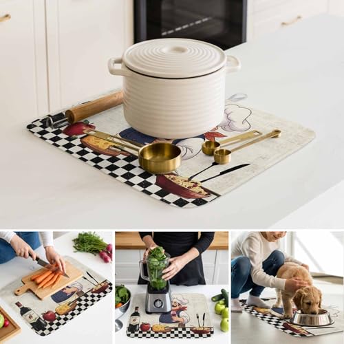 Dish Drying Mat for Kitchen Counter, Smiling Chef Cheese Wine Absorbent Dish Mats Foldable Microfiber Drainer Pad 1PCS 18"x16", Retro Kitchen Art Plate Holder Mat for Countertop Sink Decor - size: 1PCS-16x18in