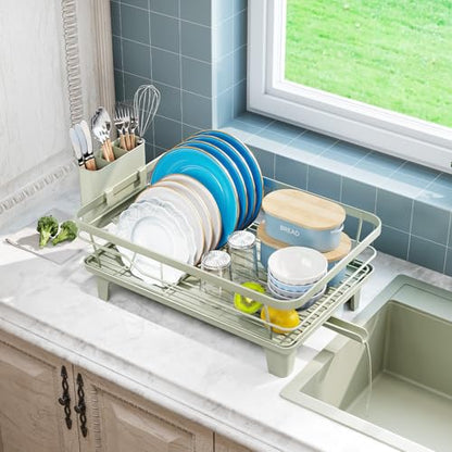Urackify Dish Drying Rack for Kitchen Counter, Sink Dish Rack with Drainboard, Large Dish Drainer with Cups Holder, Home Countertop Plate Dryer Storage Rack with Cutlery Holder, Soft Celery Green - color: Soft Celery Green