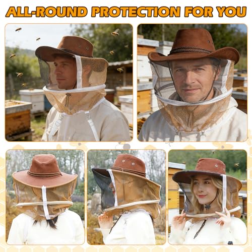 4-Pack Beekeeping Gloves & Hat Set - 2 Pack Beekeeping Veil Bee Keeper Hats and 2 Pack Thick Goatskin Leather Bee Gloves with Ventilated Sleeves, Outdoor Professional Beekeeping Protective Gear