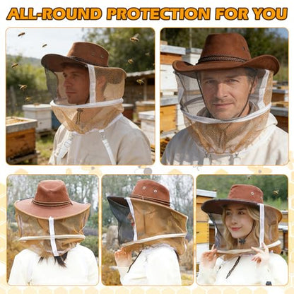 4-Pack Beekeeping Gloves & Hat Set - 2 Pack Beekeeping Veil Bee Keeper Hats and 2 Pack Thick Goatskin Leather Bee Gloves with Ventilated Sleeves, Outdoor Professional Beekeeping Protective Gear