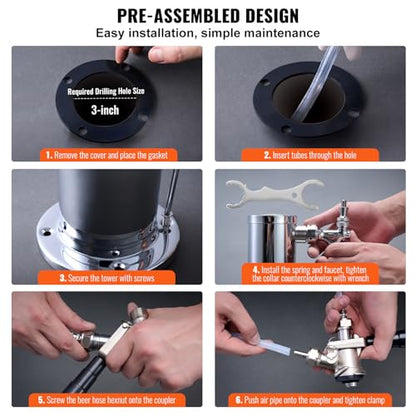 VEVOR Kegerator Tower Kit, Dual Taps Beer Conversion Kit, Stainless Steel Keg Beer Tower Dispenser with Dual Gauge CGA320 Regulator & D-System Keg Coupler, Self-Closing Spring for Party Bar Home - style: Dual Faucets Beer Tower