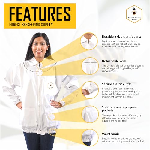 Beekeeping Jacket with Fencing Veil and Gloves, Cotton Bee Jacket for Men and Women, Heavy-Duty Brass Zippers - Medium - size: Medium