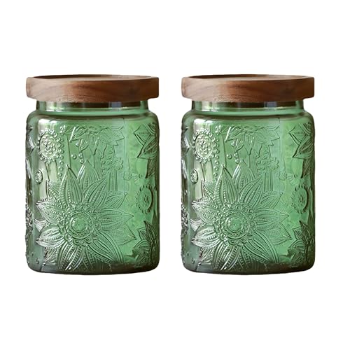 Set of 2 Vintage Glass Jars, Green Glass Storage Jars with Solid Wood Lids (23.7 oz) for Kitchen, Pantry, Candy, Flour, Oatmeal, Coffee Beans, Pet Food, Laundry Detergent, Cute Jar (Green, 2 Pack) - color: Green 2, size: 23.7 Ounces