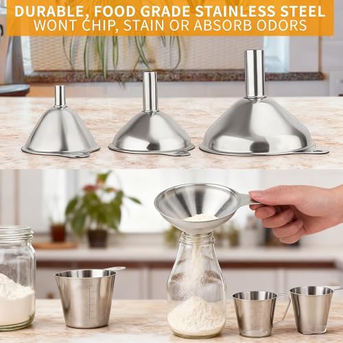 Stainless Steel Funnel Set, 3-Piece Food Grade Kitchen Funnels Large Medium Small, with Cleaning Brushes for Filling Bottles Jars Containers, Cooking Oil Transfer Tools