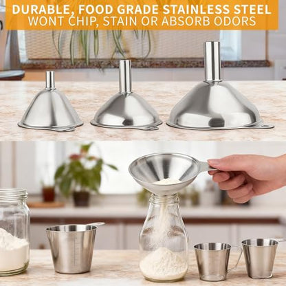 Stainless Steel Funnel Set, 3-Piece Food Grade Kitchen Funnels Large Medium Small, with Cleaning Brushes for Filling Bottles Jars Containers, Cooking Oil Transfer Tools
