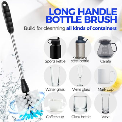 Holikme Bottle Brush Cleaner Set, 14" Long Handle Stainless Steel Bottle Cleaner Brush, 3 Straw Cleaner Brush, Bottle Cleaning Brush for Water Bottle, Cups, Abrasive Flat End Brushes, Straws White - color: White