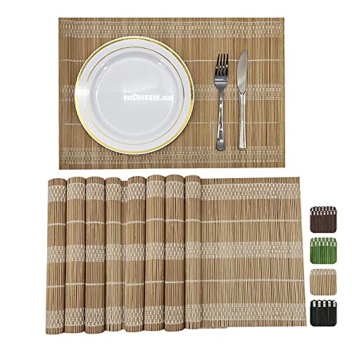 Bamboo Placemats Set of 8, 17.7x11.8 Inch Brown with White Thread - Non-Slip & Heat Resistant, Easy Clean Woven Table Mats for Dining Room, Kitchen or Home Decor - color: Brown+white, size: Set of 8 Placemat 17.7 x 11.8 inch
