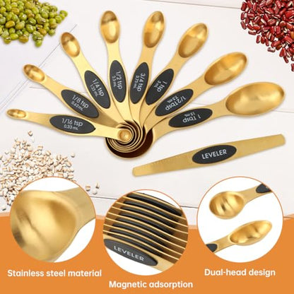 Gold Measuring Cups and Spoons, 13 Piece Stainless Steel | Double-sided design with engraved sizes, narrow end for spice jars, plus leveler for dry ingredients