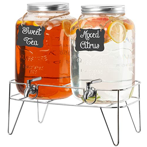 Ilyapa 2 Gallon Drink Dispenser, 2 Pack with Metal Base, Stainless Steel Spigot - Drink Dispensers for Parties, Beverages Such As Lemonade, Tea, Water - size: 2 Gallon Double Dispenser with Stand
