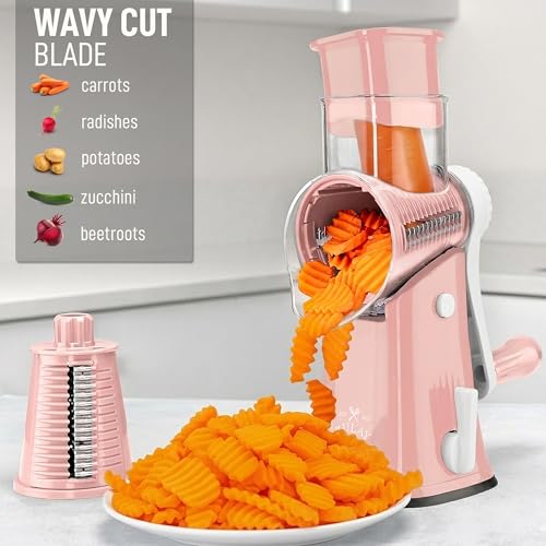 Zulay Kitchen Rotary Cheese Grater 5 Blade Cheese Shredder - Manual Hand Crank Cheese Grater With Reinforced Suction & 5 Interchangeable Drums - Easy to Use, Vegetable Chopper Round Mandoline Slicer - color: Peach & White
