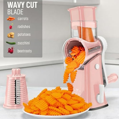 Zulay Kitchen Rotary Cheese Grater 5 Blade Cheese Shredder - Manual Hand Crank Cheese Grater With Reinforced Suction & 5 Interchangeable Drums - Easy to Use, Vegetable Chopper Round Mandoline Slicer - color: Peach & White