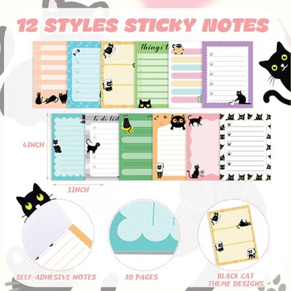 Chiisong 12 Pads Black Cat Sticky Notes 3x4 Inch Cat Notepad Cute Self Stick Notepads Funny Adhesive Memo Pad Office Decor Gifts for Animal Lover Gift Meeting Office Christmas Supplies - style: Black Cat