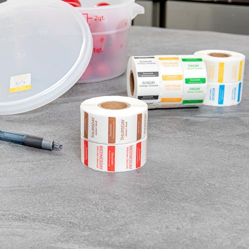 Restaurantware RW Smart 1 Inch x 1 Inch Food Rotation Labels 3500 Dissolvable Food Safety Labels - Premium Trilingual Paper Day Of The Week Labels For Food Storage Or Prep Weekly - style: 7-Day
