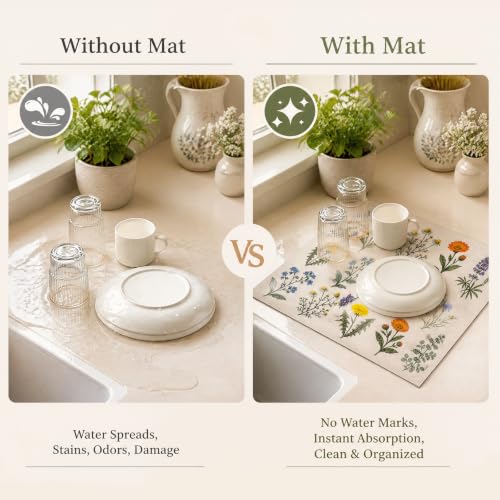 Non Slip Kitchen Countertop Drying Mat for Dishes,Floral Pattern | Size:15.7" x 19.6",Super absorbent coffee mat,Various tableware suitable for the kitchen