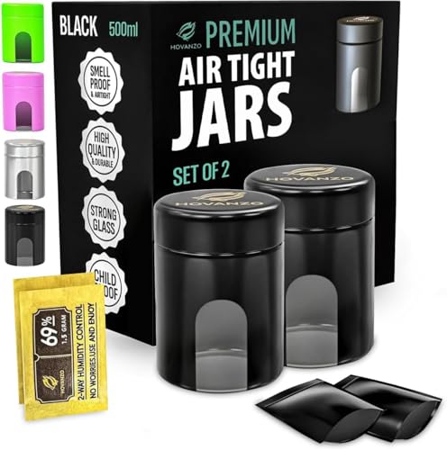 Premium Airtight Glass Storage Jars 500ml, 2 Pack, with 69% Humidity Control Packs - UV Air Tight Jars with Child-Resistant Lid - Airtight Jar Container, Air Tight Storage,Storage Jars for Herb/Spice - color: Black, size: 500 ML - 2Pcs