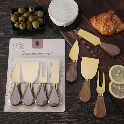 Linwnil 4-Piece Set of Stainless Steel Cheese Knives with Wood Hand, Including Cheese Slicer and Cheese Cutters, Essential Cheese Tools for the Kitchen (Walnut handle, Gold) - color: Gold