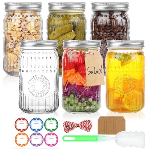 HINGWAH Wide Mouth Mason Jars 32 oz, 6 Pack Large Quart Mason Jars with Airtight Lids and Bands, Clear Glass Canning Jars for Preserving, Pickling, Fermenting, Meal Prep & DIY Crafts (Sunflower) - size: 32oz- 6pack