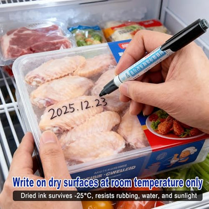 Freezer Bag Markers, Permanent Food Black Pens with Chisel & Fine Tips for Freezer Labels, Fast Drying Waterproof Writing on All Surfaces