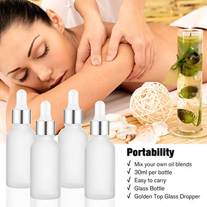 PrettyCare 4 Pack 1oz Dropper Bottle for Essential Oils, 30 ml Frosted Clear Glass Leak Proof Essential Oils Bottles with Labels, Funnels- Empty Tincture Bottles for Personal Care & Beauty - color: 1oz Frosted, style: 4 Pack