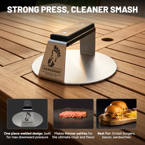 Sasquash Smash Burger Press, Heavy Duty Welded Meat Press Round, 6 Inch Stainless Steel, Flat Handle Hamburger Smasher Tool for Grill, Skillet, Cast Iron Cooking, Kitchen Accessories - size: 6" Press