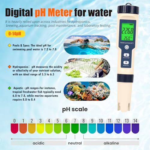 Pool Salinity Tester & pH Meter,Digital 5-in-1 Water Meter (Salt, pH, Temp, EC and TDS) -High Accuracy, Suitable for Swimming Pools, Hot Tubs, Aquariums,Hydroponics and Drinking Water