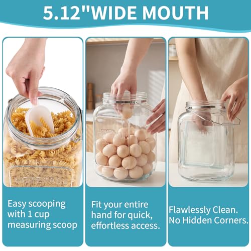 FavorFlavor Glass Jar with Airtight Lid: 2 Pack 1.5 Gallon Wide Mouth Mason Jars with Handles & Non-slip Bases, Large Food Storage Containers with 2 Measurement Mark for Kitchen, Flour, Candy, Cookie