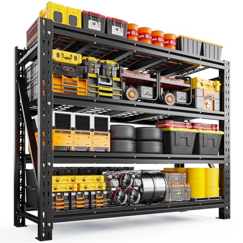 Romorgniz Garage Shelving Heavy Duty, 5000LBS Steel Rack for Garage, Shop | 4‑tier industrial solid steel shelf. Rust‑resistant, one‑piece uprights, side braces for stability, 16 supporting ribs - size: 60" W X 72" H X 18" D
