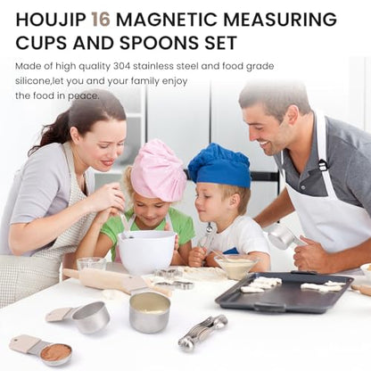 Magnetic Measuring Cups and Spoons Set-Heavy Duty 304 Stainless Steel，Double Measurement Markings，Set of 16 with Leveler for Measure Dry and Liquid Ingredients (khaki) - color: Khaki