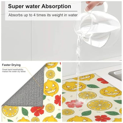 Lemon Lanterns Hibiscus Flowers Dish Drying Mats for Kitchen Counter, Super Absorbent Microfiber Drainer Pad, Washable Reversible Appliance Protector, Everyday Kitchen Must-Have, 16x18 Inch - color: Lemon Lanterns Hibiscus Flowers