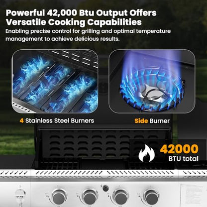 Electactic 4-Burner Gas Grill with Side Burner,Stainless Steel Propane Grill with Porcelain-Enameled Grills,Built-In Thermometer,42000BTU BBQ Grill for Outdoor Cooking and Patio Barbecues - size: 4 Burner Gas Grills with Side Burner