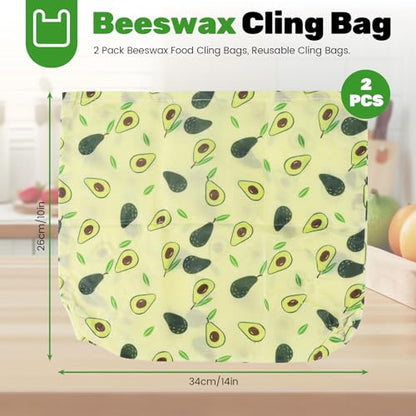 2 Pack Beeswax Wraps Bag for Food, 14x10in, Reusable Bread Bags for Homemade Bread, Beeswax Paper Food Storage Wrap for Sourdough, Sandwich, Cheese, Fruit, Snack, Avocado - style: Avocado